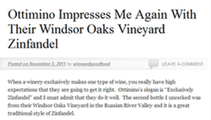 Windsor Oaks Vineyard Zinfandel review in wine and good food blog